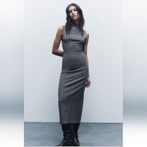 Zara ZW Collection Seamed Fitted Stretch Mock Neck Long Dress